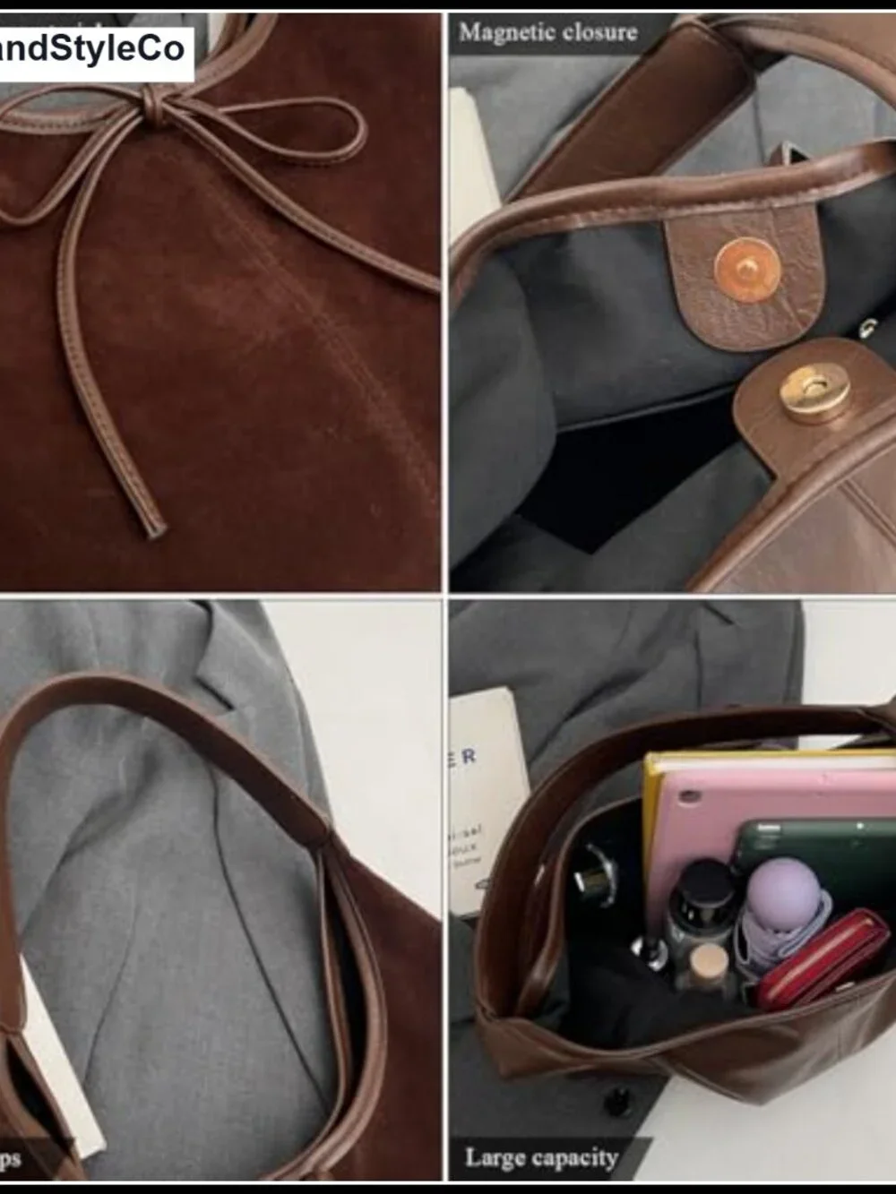 Faux Suede & Faux Leather Women's Slouchy Hobo Tote Bag with Bow Magnetic